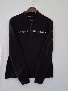 Tommy Hilfiger Women's XL  Sweater Spellout Logo Ribbed Pullover 1/4 Zip Black